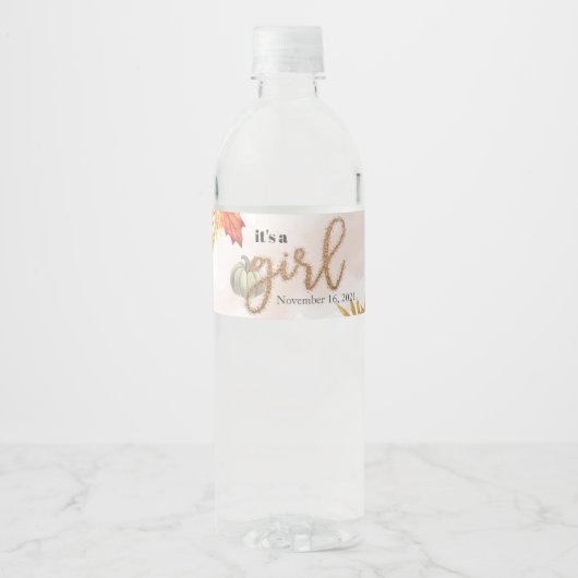 Kleine pompoen Het is een meisje Baby shower Waterfles Etiket (Voorkant)