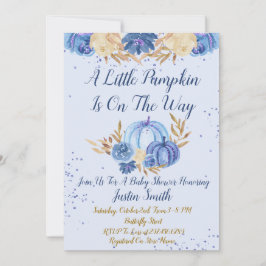 Kleine pompoen is onderweg met blauw Baby shower Kaart