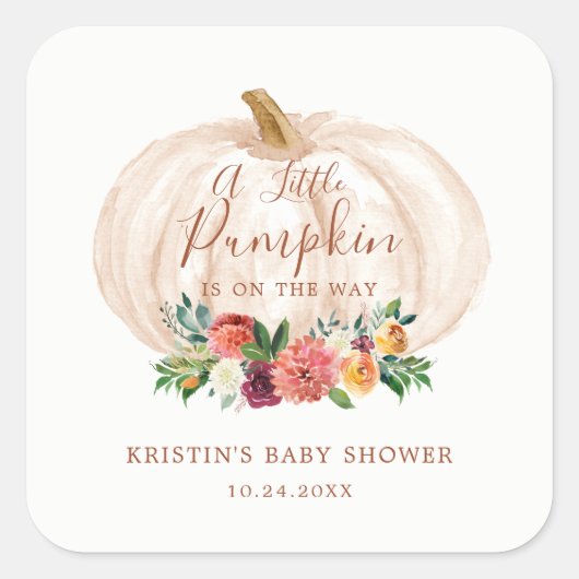 Kleine Pompoen Is Op Weg Herfst Baby Shower Vierkante Sticker (Voorkant)