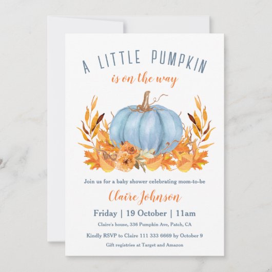 Kleine pompoen is op weg naar Blue Boy Baby shower Kaart (Voorkant)