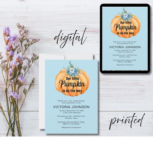 Kleine pompoen is op weg naar het Baby shower Kaart