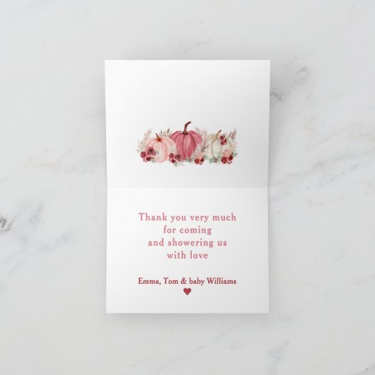 Kleine pompoen is op weg naar Marsala Baby shower Bedankkaart (Binnen)