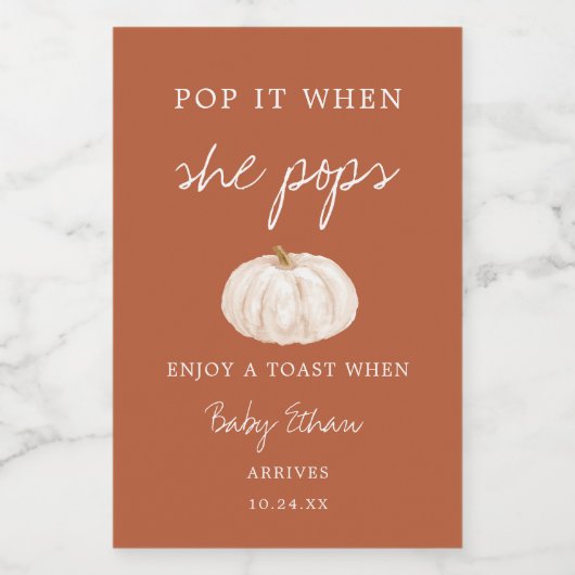Kleine pompoen klaar voor Pop Baby shower Wijn Etiket (Enkel label)