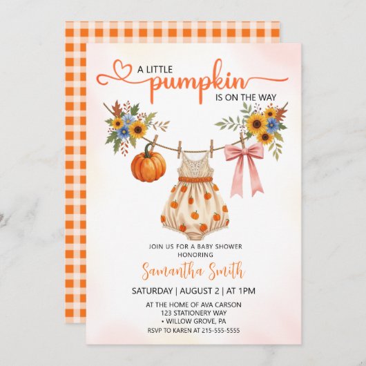 Kleine pompoen kleding Herfst Meisje Baby shower Kaart (Voorkant / Achterkant)