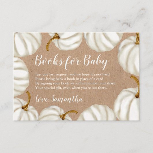 Kleine pompoen kraft boeken voor baby shower informatiekaartje (Voorkant)