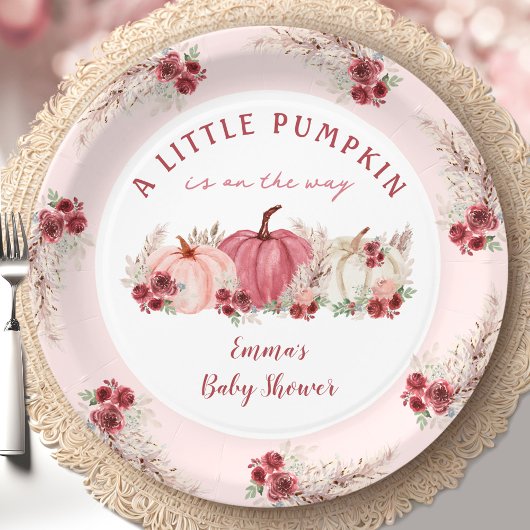 Kleine Pompoen Marsala Herfst Meisje Baby shower Papieren Bordje