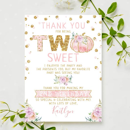 Kleine pompoen meisjes 2e verjaardag bedankkaart