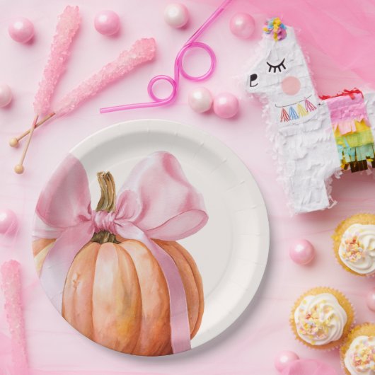 Kleine pompoen met roze strik – Baby shower Papieren Bordje (Feest)