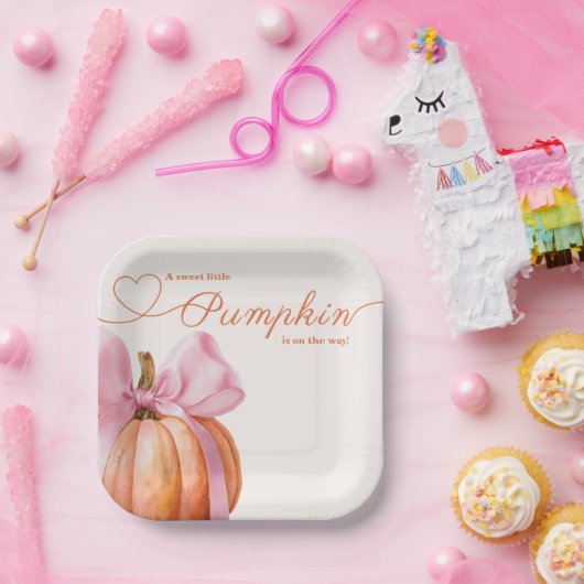 Kleine pompoen met roze strik – Baby shower Papieren Bordje (Feest)