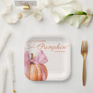 Kleine pompoen met roze strik – Baby shower Papieren Bordje