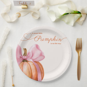 Kleine pompoen met roze strik – Baby shower Papieren Bordje