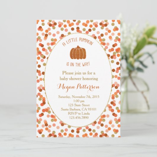 Kleine pompoen onderweg! uitnodiging tot baby show (Staand voorkant)