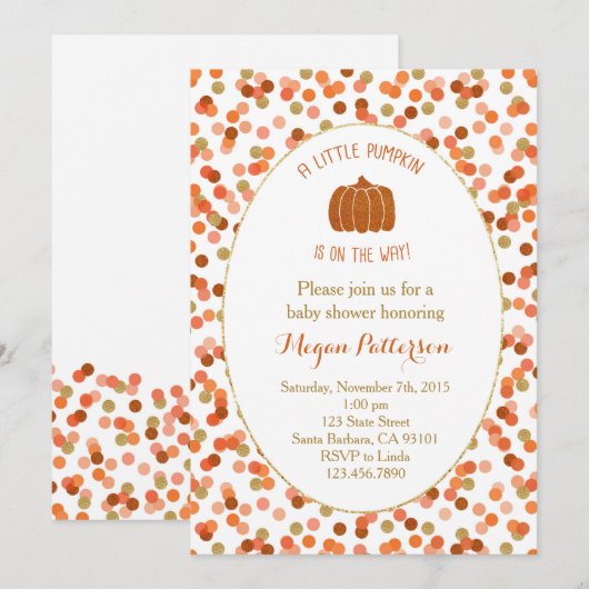 Kleine pompoen onderweg! uitnodiging tot baby show (Voorkant / Achterkant)