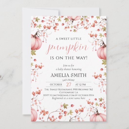 Kleine pompoen op de weg Elegant Roze Baby shower Kaart (Voorkant)