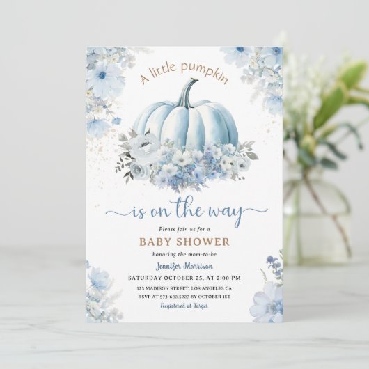 Kleine pompoen op de weg jongen Herfst Baby shower Kaart (Staand voorkant)