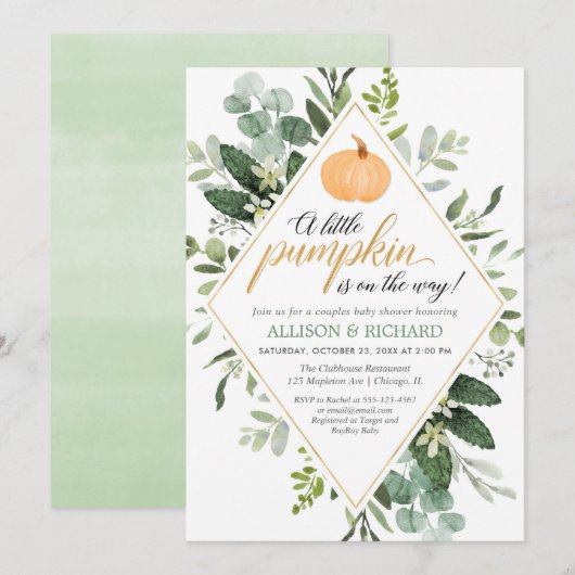 Kleine pompoen op de weg naar baby shower van kopp kaart (Voorkant / Achterkant)