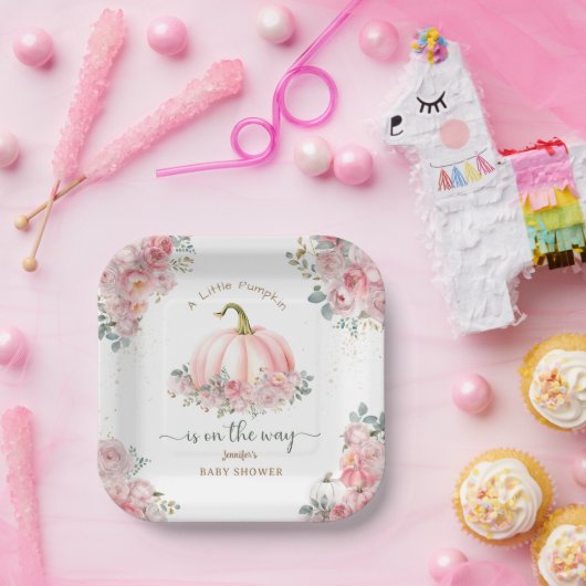 Kleine pompoen op de weg roze Herfst Baby shower Papieren Bordje (Feest)