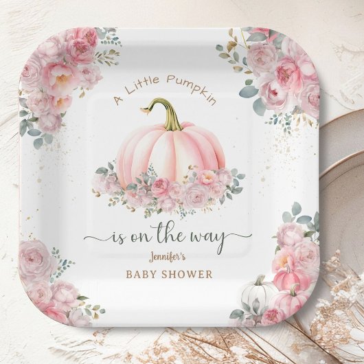 Kleine pompoen op de weg roze Herfst Baby shower Papieren Bordje