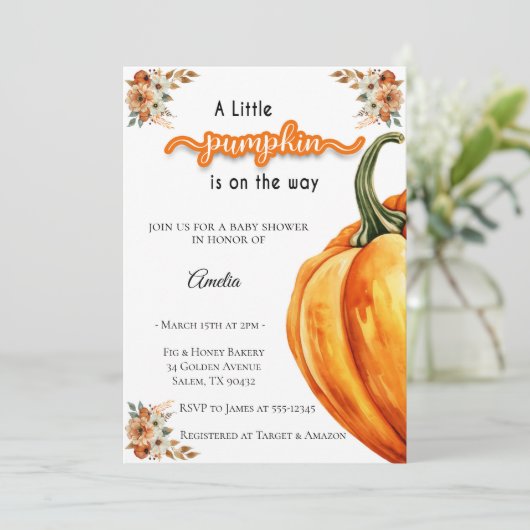 Kleine pompoen op de weg Waterverf Baby shower Kaart (Staand voorkant)