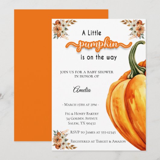 Kleine pompoen op de weg Waterverf Baby shower Kaart (Voorkant / Achterkant)