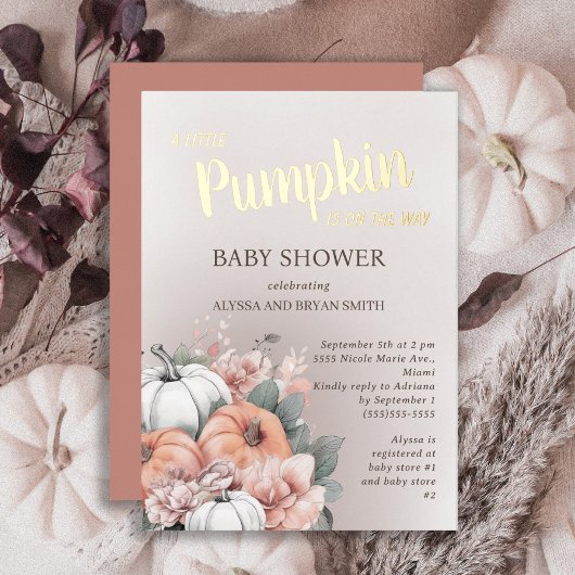 Kleine pompoen op weg Herfst herfst Baby shower Folie Uitnodiging