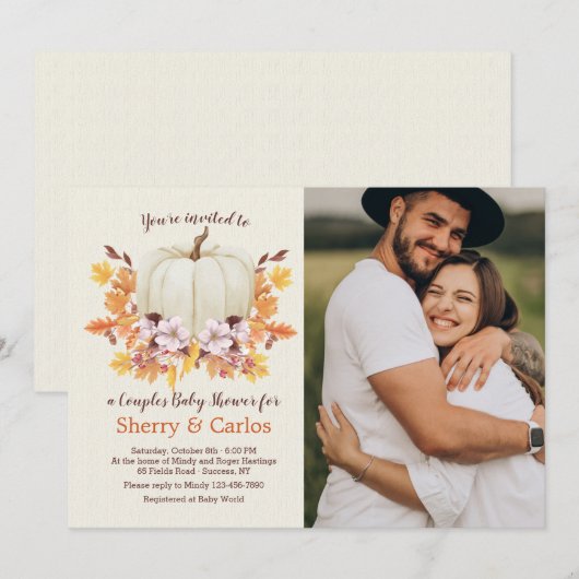 Kleine Pompoen Op Weg Koppel Baby Shower Foto Kaart (Voorkant / Achterkant)