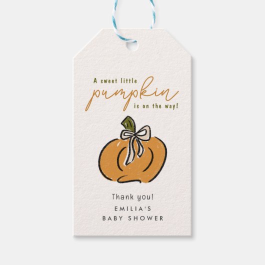 Kleine pompoen op weg naar Baby shower Dank je Cadeaulabel (Voorkant)