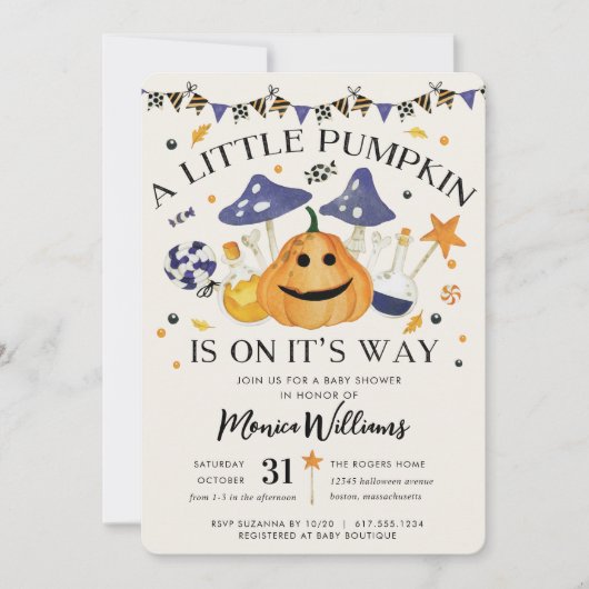 Kleine pompoen op weg naar Halloween Baby shower Kaart (Voorkant)