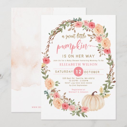 kleine pompoen op weg naar herfst baby shower inv kaart (Voorkant / Achterkant)