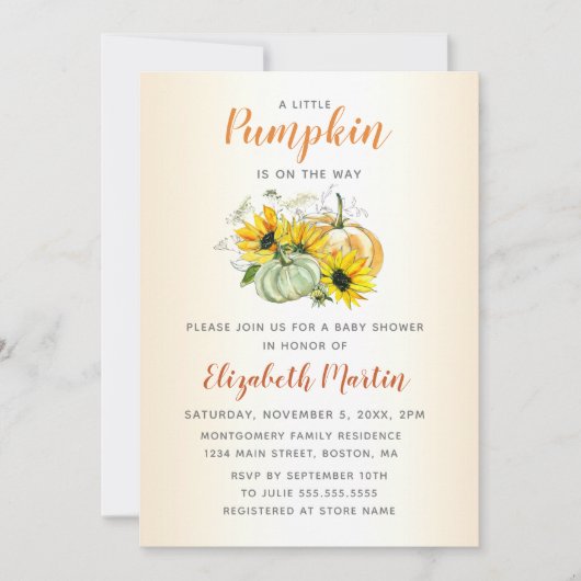 Kleine pompoen op weg naar Waterverf Baby shower I Kaart (Voorkant)