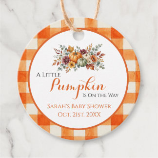 Kleine Pompoen Oranje Gingham Herfst Baby Shower Bedankjes Labels