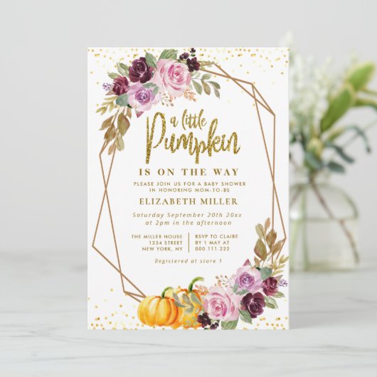 kleine pompoen paarse florale baby shower kaart (Staand voorkant)