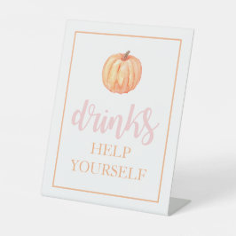 Kleine Pompoen Pastel Roze Herfst Verjaardag Drank Reclamebord Met Voetstuk