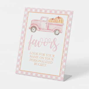 Kleine Pompoen Pastel Roze Herfst Verjaardags Cade Reclamebord Met Voetstuk