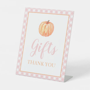 Kleine Pompoen Pastel Roze Herfst Verjaardagscadea Reclamebord Met Voetstuk