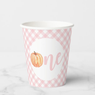 Kleine pompoen pastel roze ruit eerste verjaardag papieren bekers