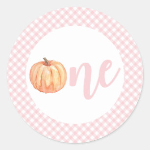 Kleine pompoen pastel roze ruit eerste verjaardag ronde sticker
