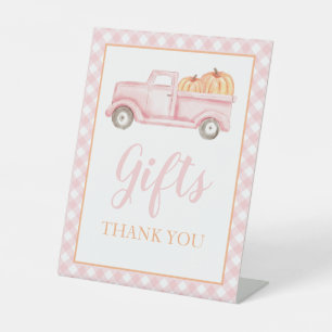 Kleine Pompoen Pastel Roze Truck Cadeaus Reclamebord Met Voetstuk
