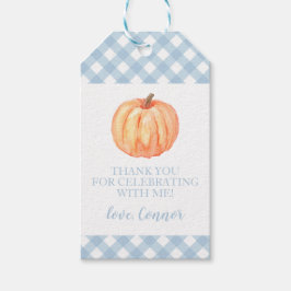 Kleine pompoen pastelblauw geruit eerste verjaarda cadeaulabel