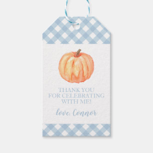 Kleine pompoen pastelblauw geruit eerste verjaarda cadeaulabel