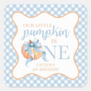 Kleine pompoen pastelblauwe strik plaid 1e verjaar vierkante sticker