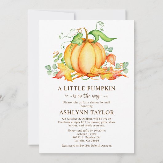 Kleine pompoen per post Baby shower Uitnodiging (Voorkant)