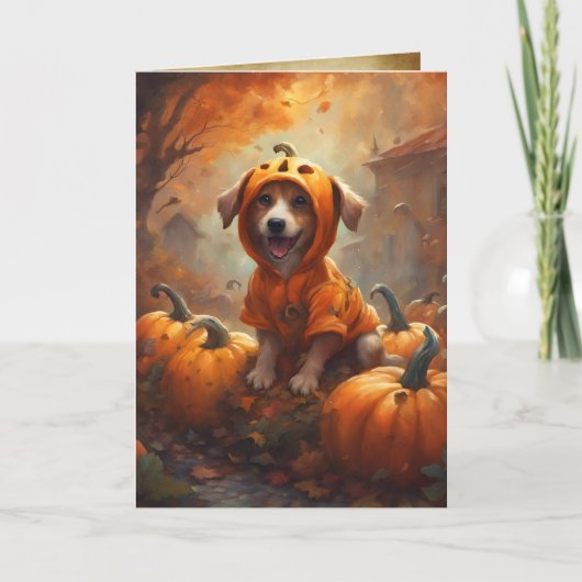 Kleine pompoen puppy, gelukkig Halloween hond Kaart (Voorkant)