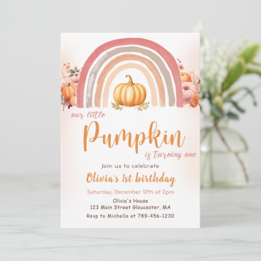 Kleine Pompoen Regenboog Herfst 1e Verjaardag Kaart (Staand voorkant)