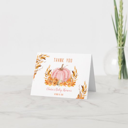 Kleine pompoen roze Baby shower dank u kaart (Voorkant)