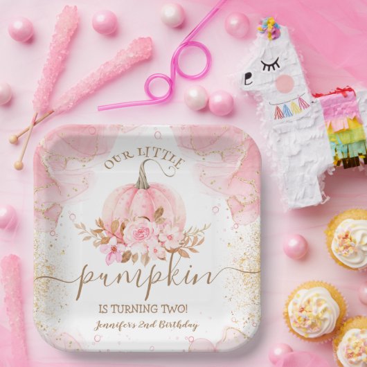 Kleine Pompoen Roze Bloemen Meisje Herfst 2e Verja Papieren Bordje (Feest)