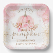 Kleine Pompoen Roze Bloemen Meisje Herfst 2e Verja Papieren Bordje (Voorkant)
