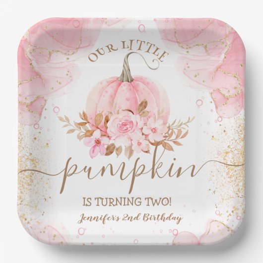 Kleine Pompoen Roze Bloemen Meisje Herfst 2e Verja Papieren Bordje (Voorkant)