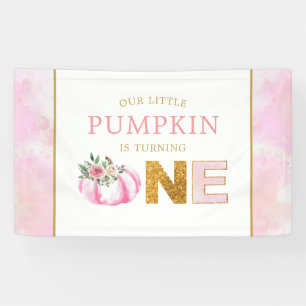 Kleine Pompoen Roze Bloemige Herfst Meisje 1e Verj Spandoek