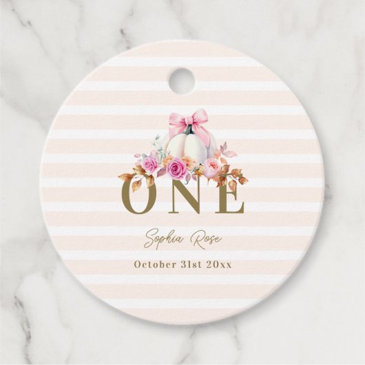 Kleine Pompoen Roze Bow Rozen 1e Elegante Verjaard Bedankjes Labels (Voorkant)